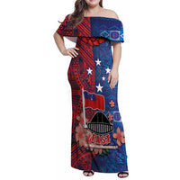 CHOGM FAST Samoa 2024 Family Matching Off Shoulder Maxi Dress and Hawaiian Shirt Samoan Tapa Tribal and Ornament Pattern with Hibiscus LT03 Mom's Dress Blue - Polynesian Pride
