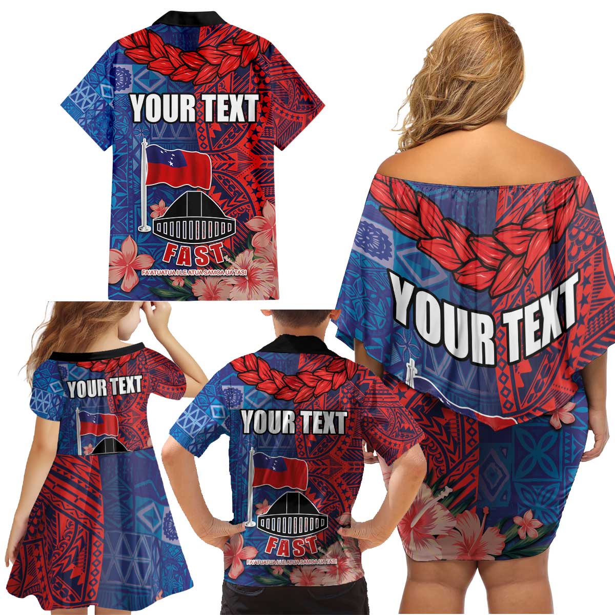 CHOGM FAST Samoa 2024 Family Matching Off Shoulder Short Dress and Hawaiian Shirt Samoan Tapa Tribal and Ornament Pattern with Hibiscus LT03 - Polynesian Pride