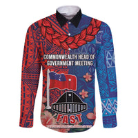CHOGM FAST Samoa 2024 Family Matching Off Shoulder Short Dress and Hawaiian Shirt Samoan Tapa Tribal and Ornament Pattern with Hibiscus LT03 Dad's Shirt - Long Sleeve Blue - Polynesian Pride