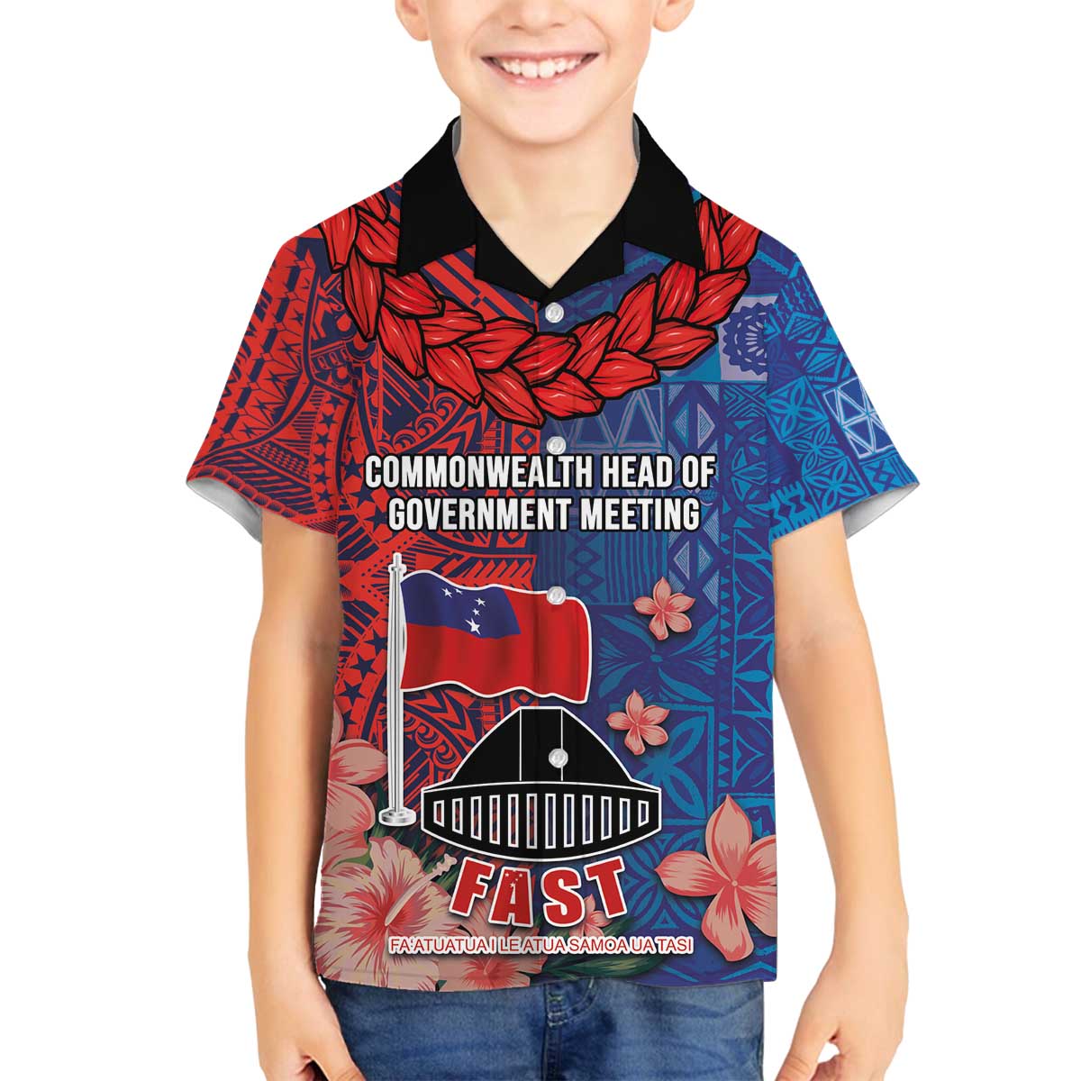 CHOGM FAST Samoa 2024 Family Matching Off Shoulder Short Dress and Hawaiian Shirt Samoan Tapa Tribal and Ornament Pattern with Hibiscus LT03 Son's Shirt Blue - Polynesian Pride