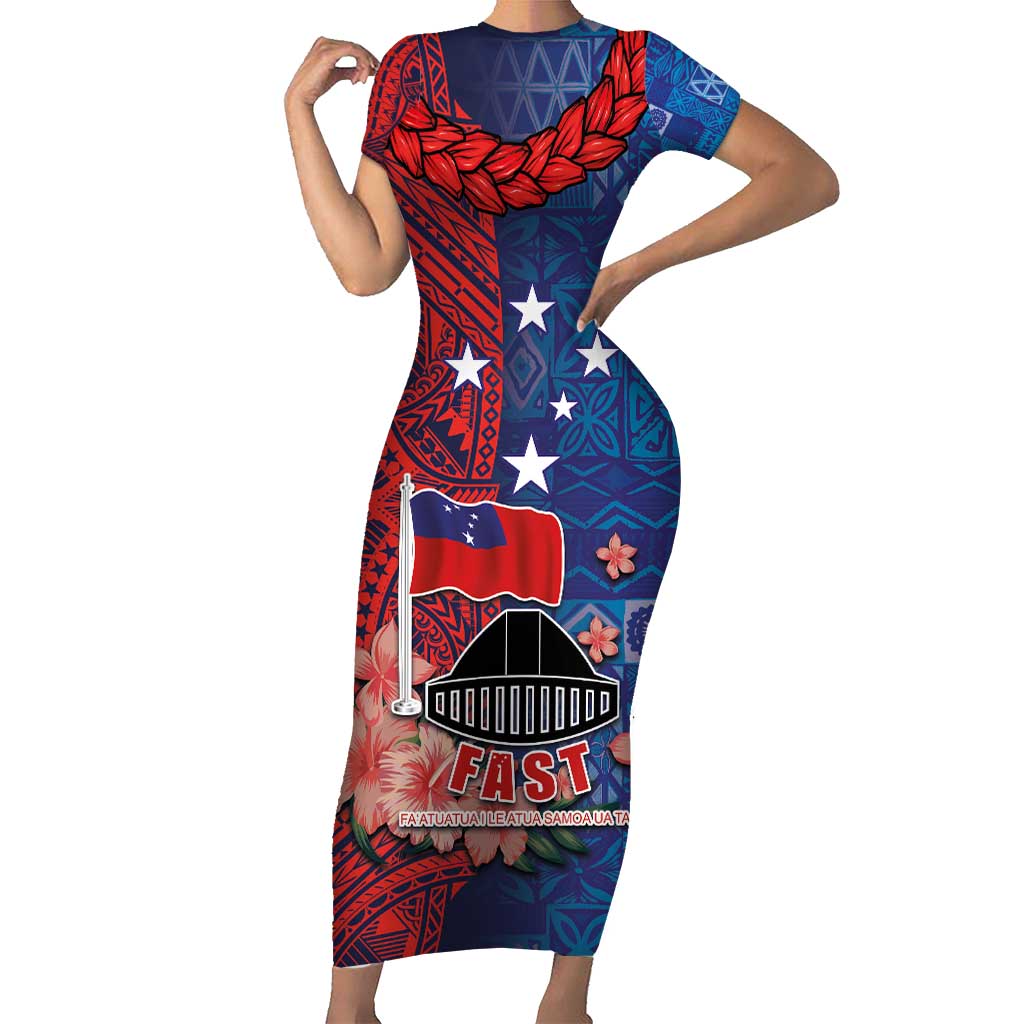 CHOGM FAST Samoa 2024 Family Matching Short Sleeve Bodycon Dress and Hawaiian Shirt Samoan Tapa Tribal and Ornament Pattern with Hibiscus LT03 Mom's Dress Blue - Polynesian Pride