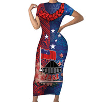 CHOGM FAST Samoa 2024 Family Matching Short Sleeve Bodycon Dress and Hawaiian Shirt Samoan Tapa Tribal and Ornament Pattern with Hibiscus LT03 Mom's Dress Blue - Polynesian Pride