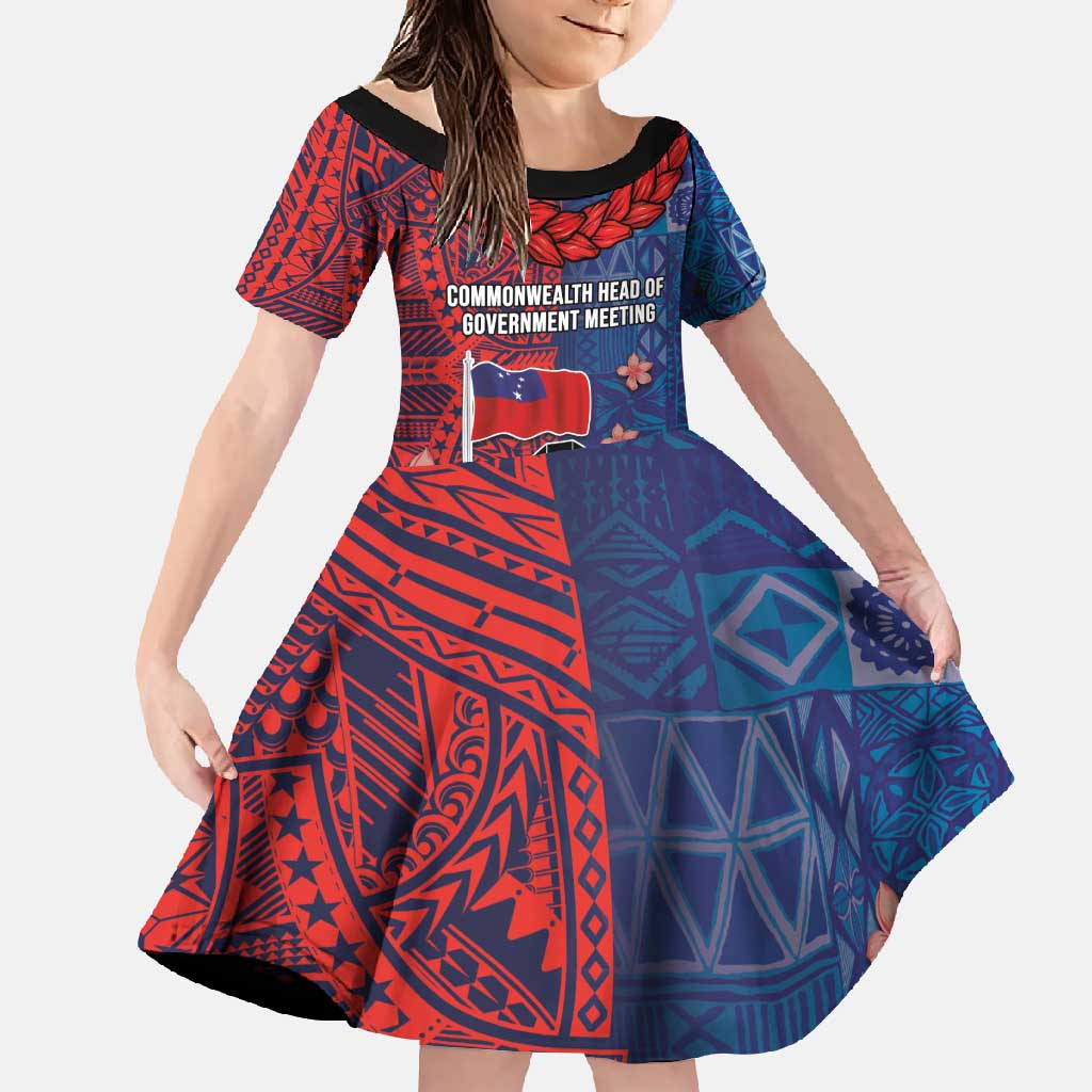 CHOGM FAST Samoa 2024 Family Matching Tank Maxi Dress and Hawaiian Shirt Samoan Tapa Tribal and Ornament Pattern with Hibiscus LT03 Daughter's Dress Blue - Polynesian Pride