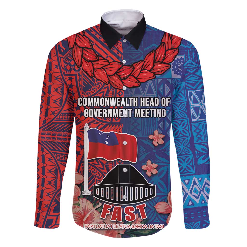 CHOGM FAST Samoa 2024 Family Matching Tank Maxi Dress and Hawaiian Shirt Samoan Tapa Tribal and Ornament Pattern with Hibiscus LT03 Dad's Shirt - Long Sleeve Blue - Polynesian Pride