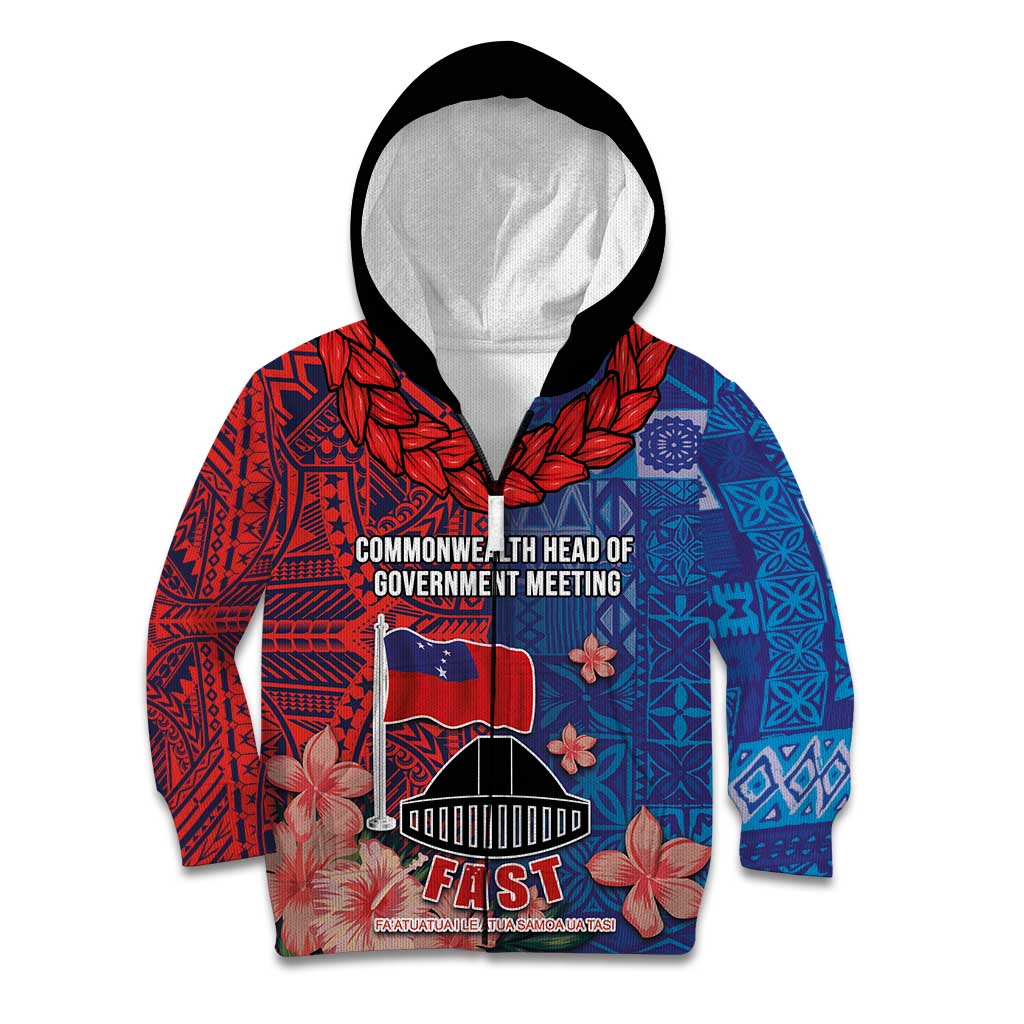 CHOGM FAST Samoa 2024 Kid Hoodie Samoan Tapa Tribal and Ornament Pattern with Hibiscus LT03 Zip Hoodie Blue - Polynesian Pride