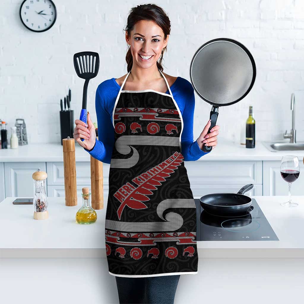 New Zealand Christmas Apron Meri Kirihimete Silver Fern Knit Style Red Color - Polynesian Pride