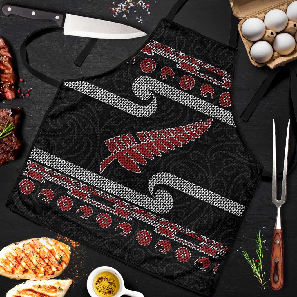 New Zealand Christmas Apron Meri Kirihimete Silver Fern Knit Style Red Color - Polynesian Pride