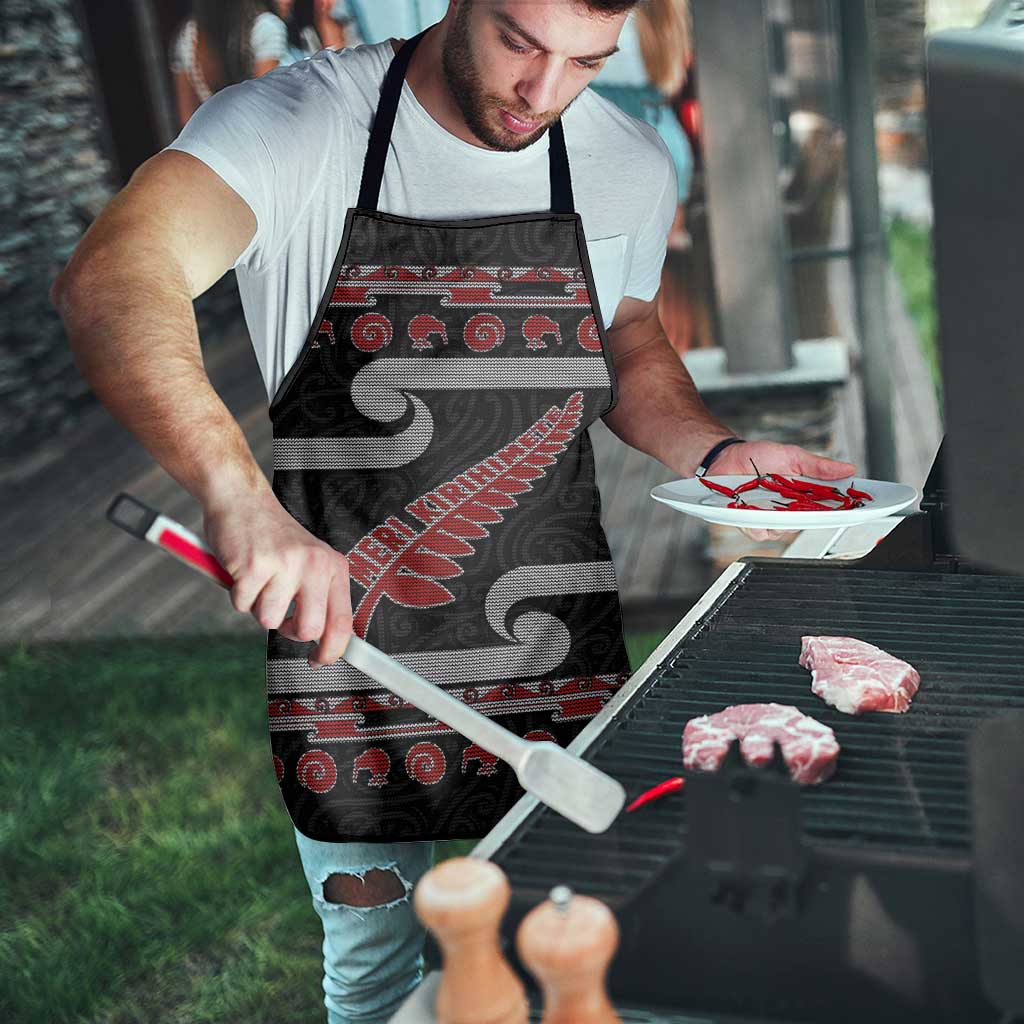 New Zealand Christmas Apron Meri Kirihimete Silver Fern Knit Style Red Color - Polynesian Pride