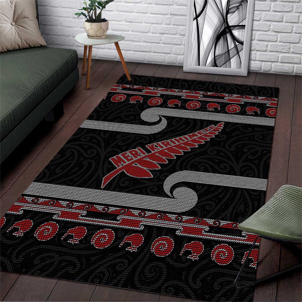 New Zealand Christmas Area Rug Meri Kirihimete Silver Fern Knit Style Red Color - Polynesian Pride