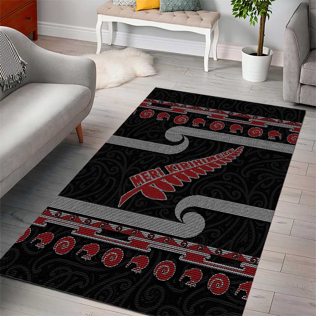 New Zealand Christmas Area Rug Meri Kirihimete Silver Fern Knit Style Red Color LT03 - Polynesian Pride