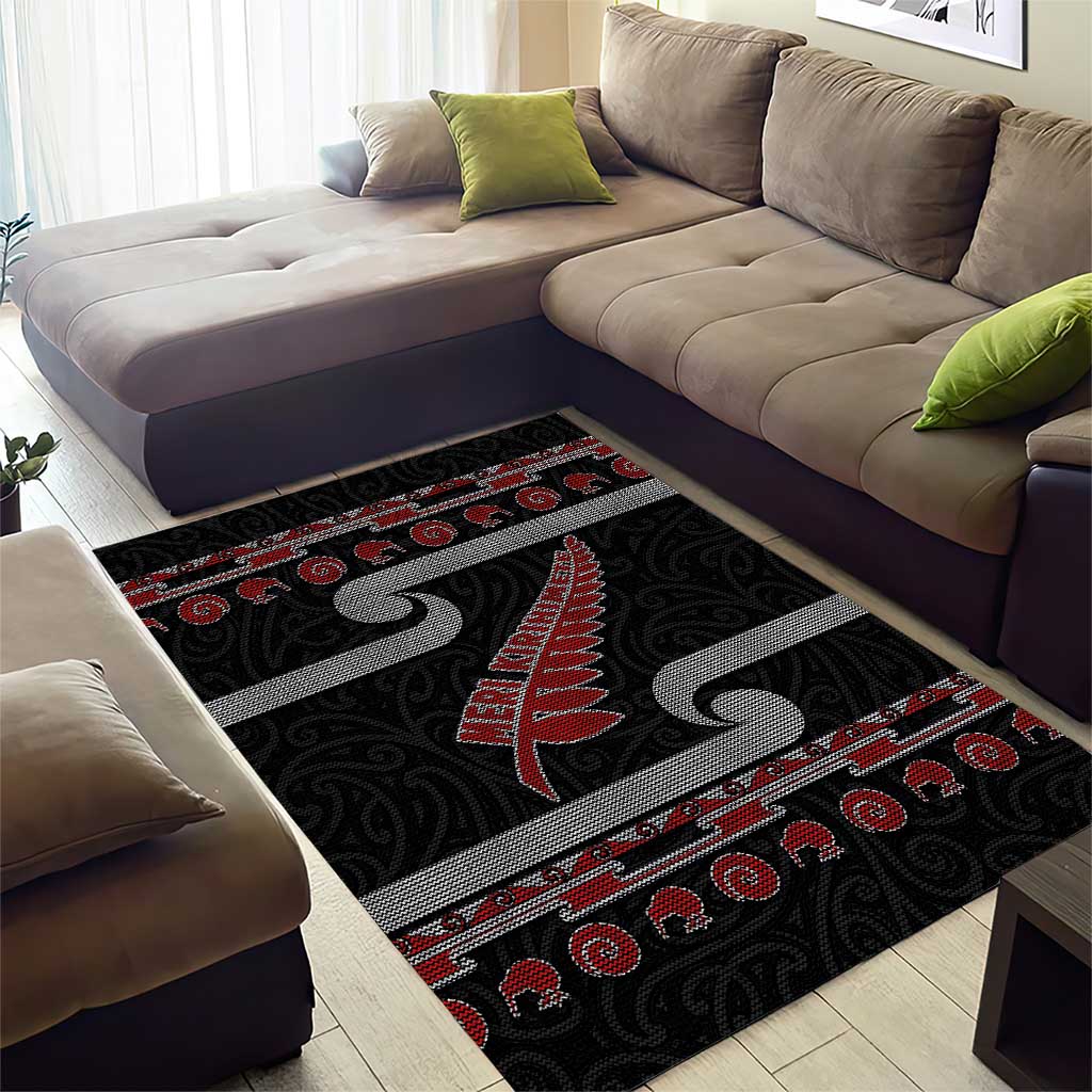 New Zealand Christmas Area Rug Meri Kirihimete Silver Fern Knit Style Red Color LT03 - Polynesian Pride