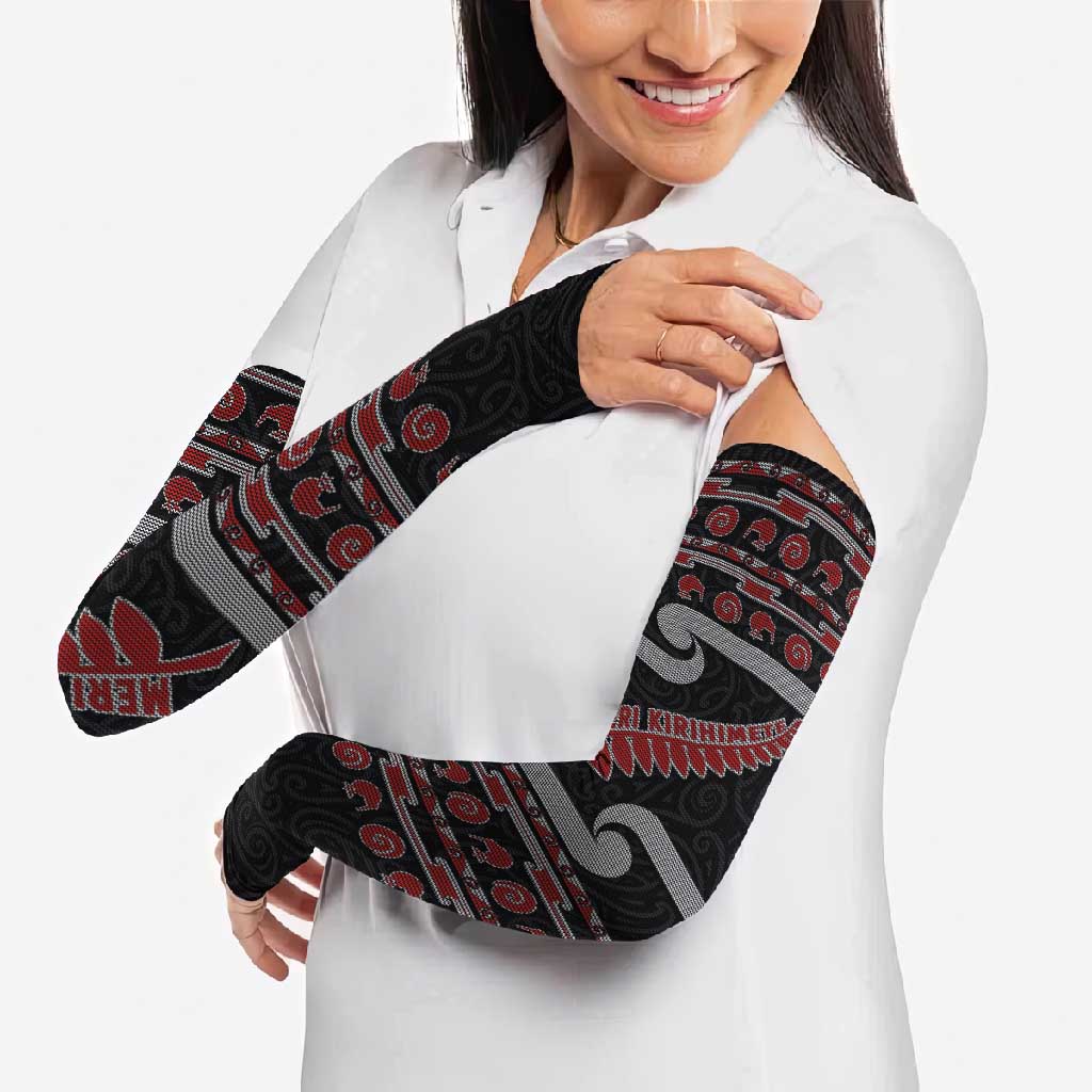 New Zealand Christmas Arm Sleeves Meri Kirihimete Silver Fern Knit Style Red Color LT03 - Polynesian Pride