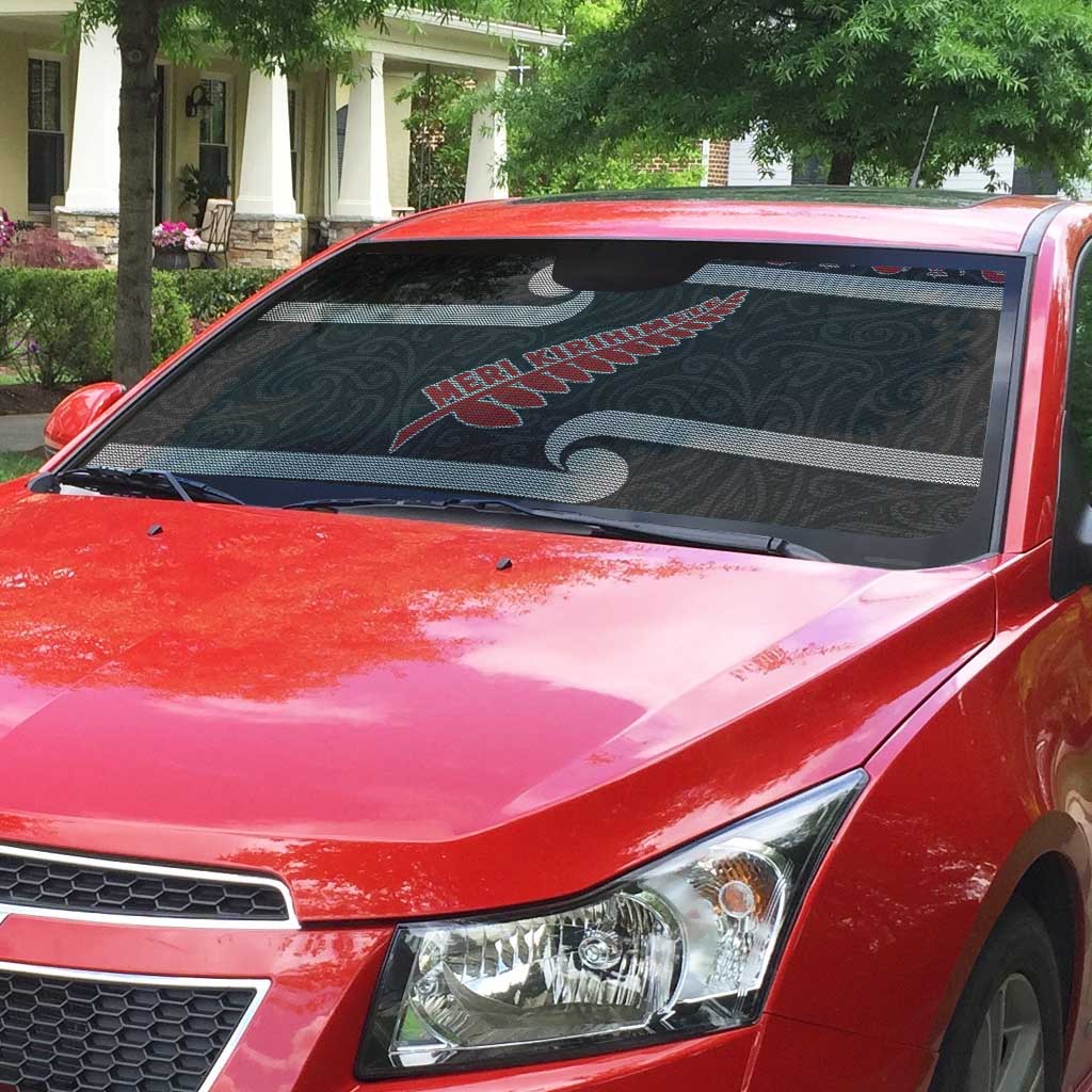 New Zealand Christmas Auto Sun Shade Meri Kirihimete Silver Fern Knit Style Red Color - Polynesian Pride