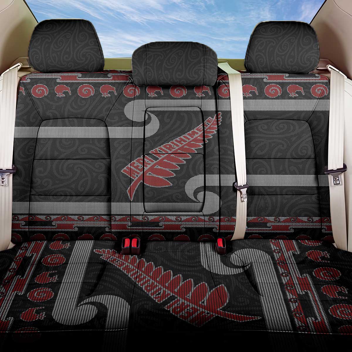 New Zealand Christmas Back Car Seat Cover Meri Kirihimete Silver Fern Knit Style Red Color - Polynesian Pride