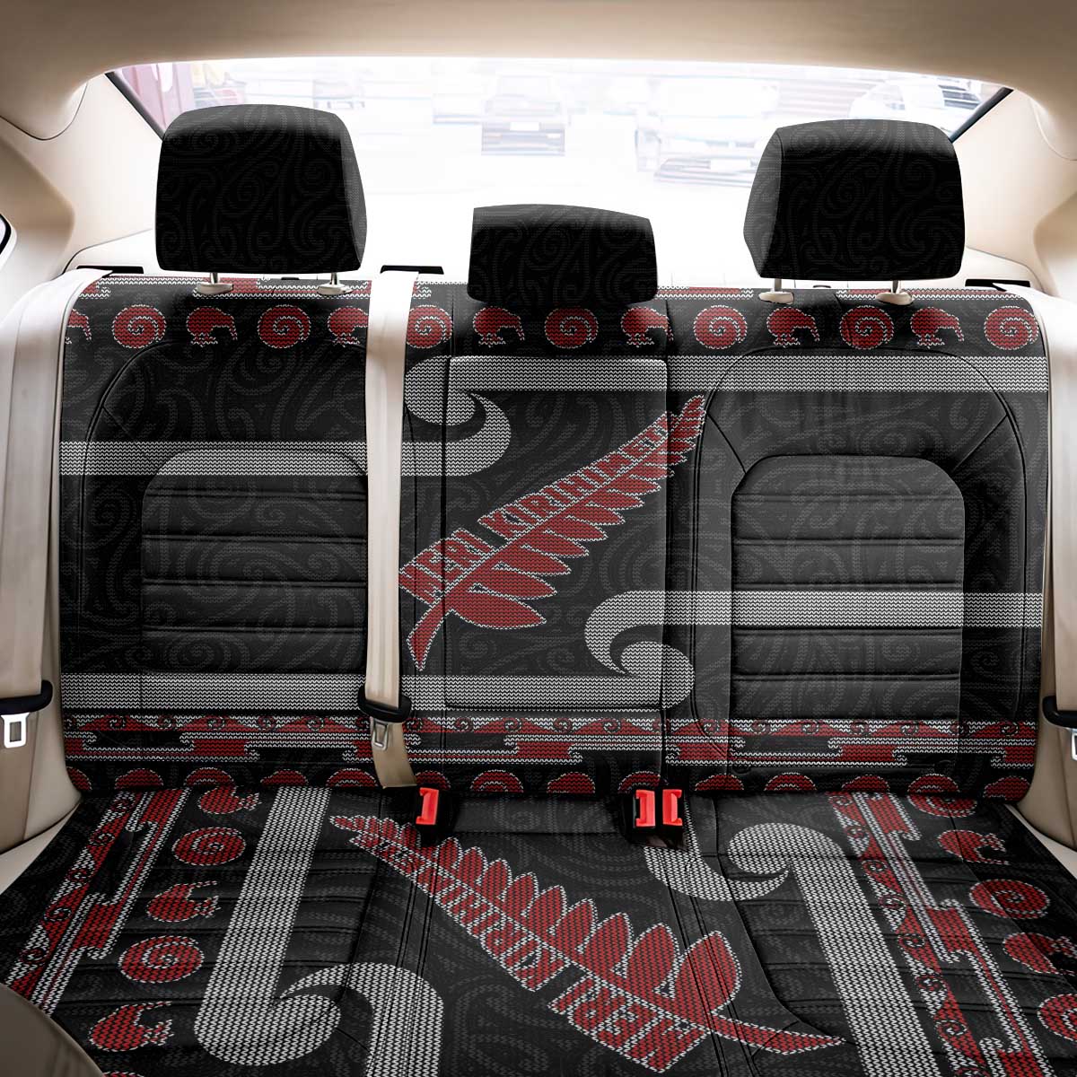 New Zealand Christmas Back Car Seat Cover Meri Kirihimete Silver Fern Knit Style Red Color LT03 - Polynesian Pride