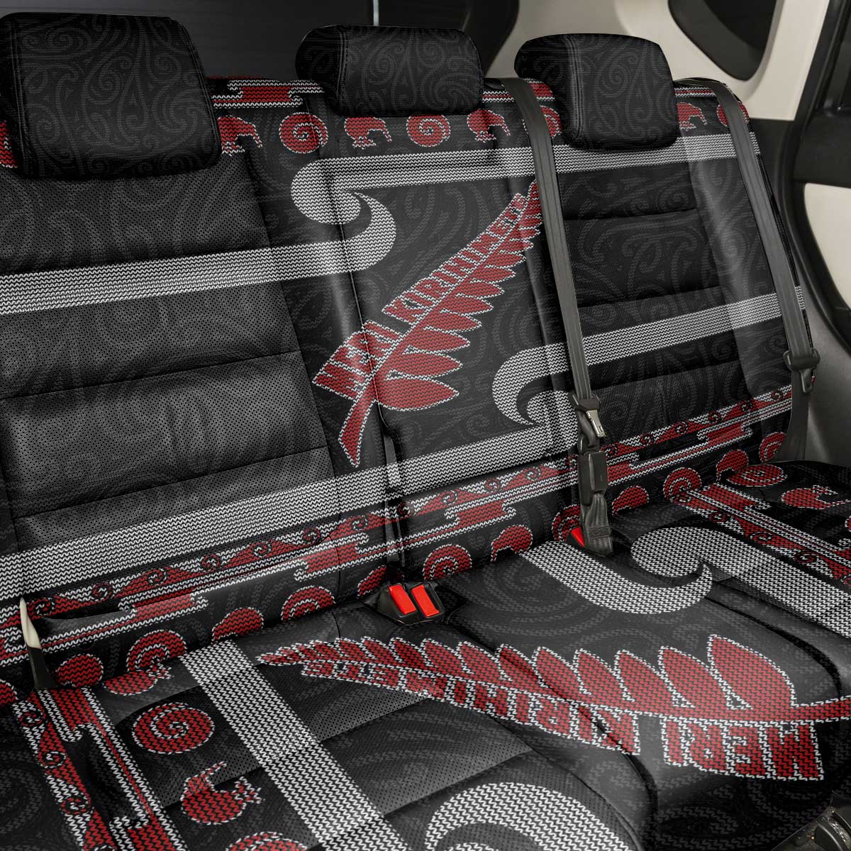 New Zealand Christmas Back Car Seat Cover Meri Kirihimete Silver Fern Knit Style Red Color LT03 - Polynesian Pride
