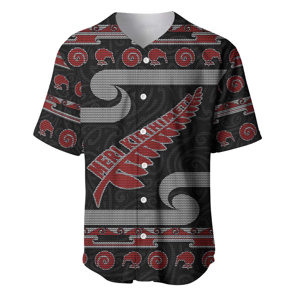 New Zealand Christmas Baseball Jersey Meri Kirihimete Silver Fern Knit Style Red Color - Polynesian Pride