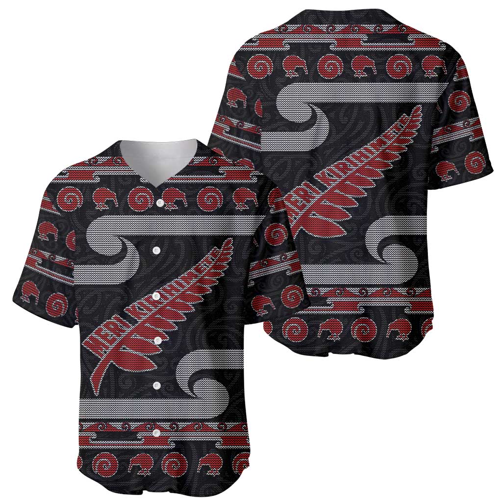 New Zealand Christmas Baseball Jersey Meri Kirihimete Silver Fern Knit Style Red Color LT03 - Polynesian Pride