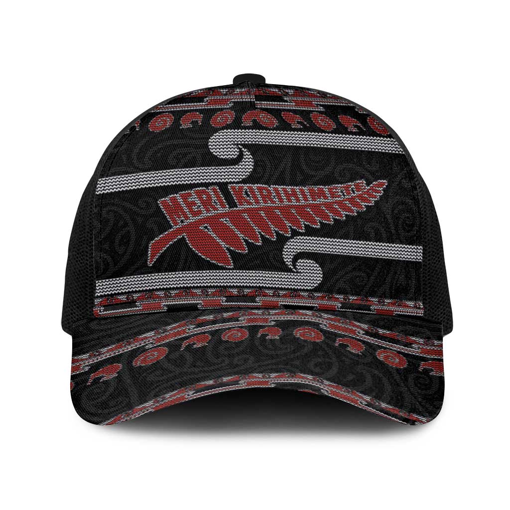 New Zealand Christmas Baseball Net Cap Meri Kirihimete Silver Fern Knit Style Red Color - Polynesian Pride