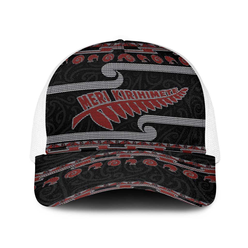 New Zealand Christmas Baseball Net Cap Meri Kirihimete Silver Fern Knit Style Red Color - Polynesian Pride