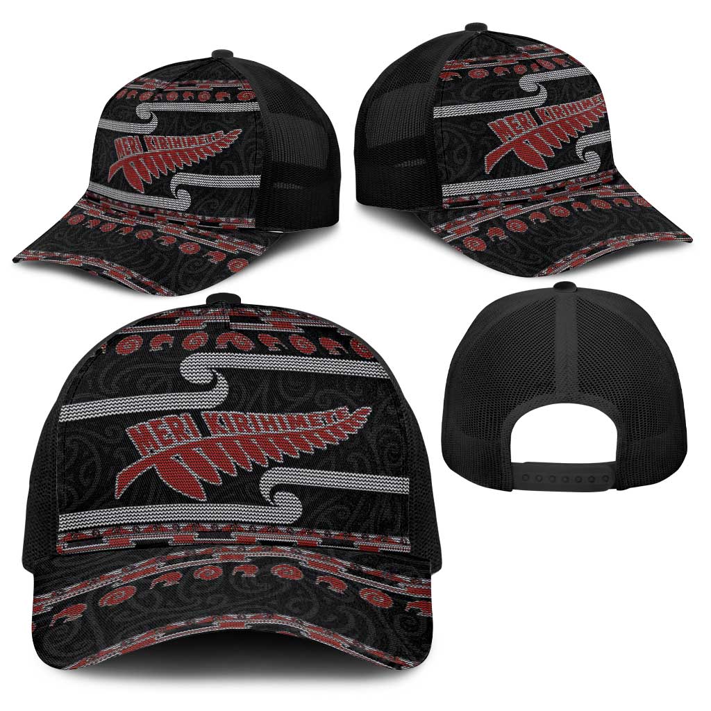 New Zealand Christmas Baseball Net Cap Meri Kirihimete Silver Fern Knit Style Red Color - Polynesian Pride