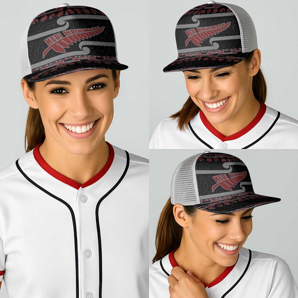 New Zealand Christmas Baseball Net Cap Meri Kirihimete Silver Fern Knit Style Red Color - Polynesian Pride