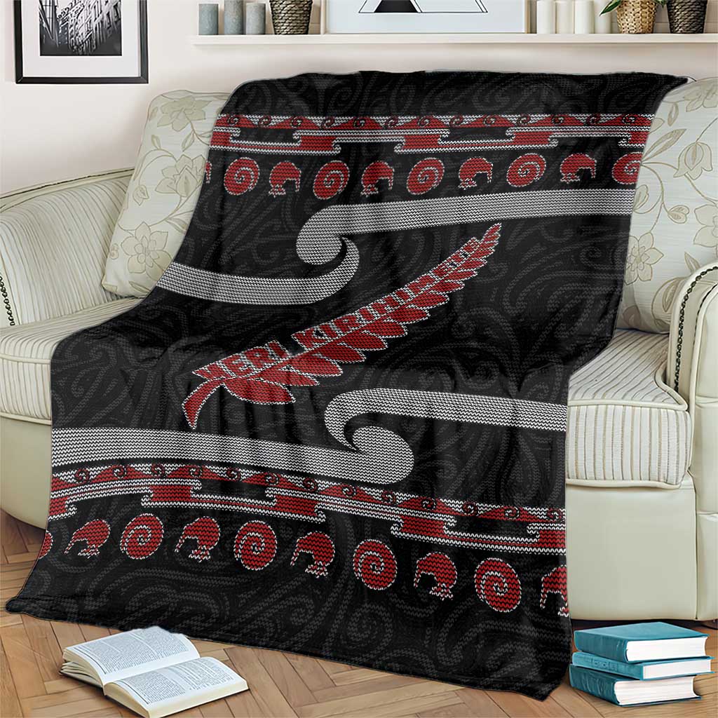 New Zealand Christmas Blanket Meri Kirihimete Silver Fern Knit Style Red Color - Polynesian Pride