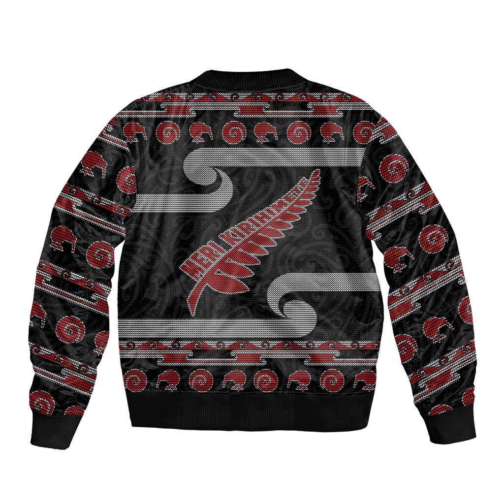 New Zealand Christmas Bomber Jacket Meri Kirihimete Silver Fern Knit Style Red Color - Polynesian Pride