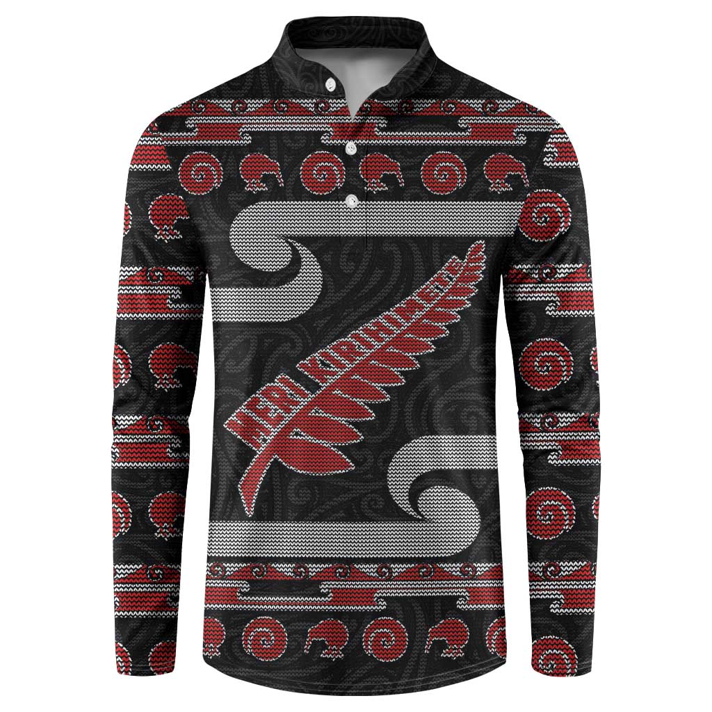 New Zealand Christmas Button Sweatshirt Meri Kirihimete Silver Fern Knit Style Red Color - Polynesian Pride