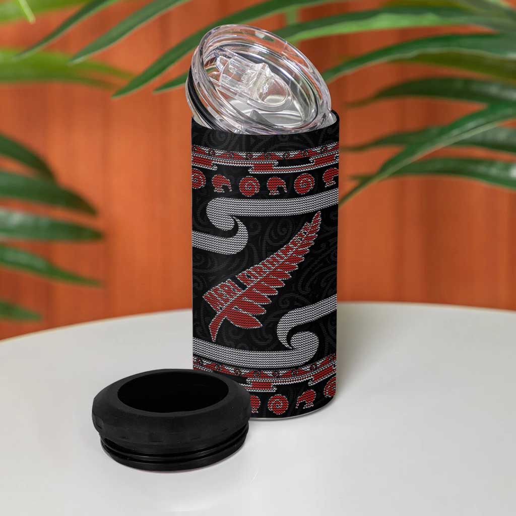 New Zealand Christmas 4 in 1 Can Cooler Tumbler Meri Kirihimete Silver Fern Knit Style Red Color LT03 - Polynesian Pride