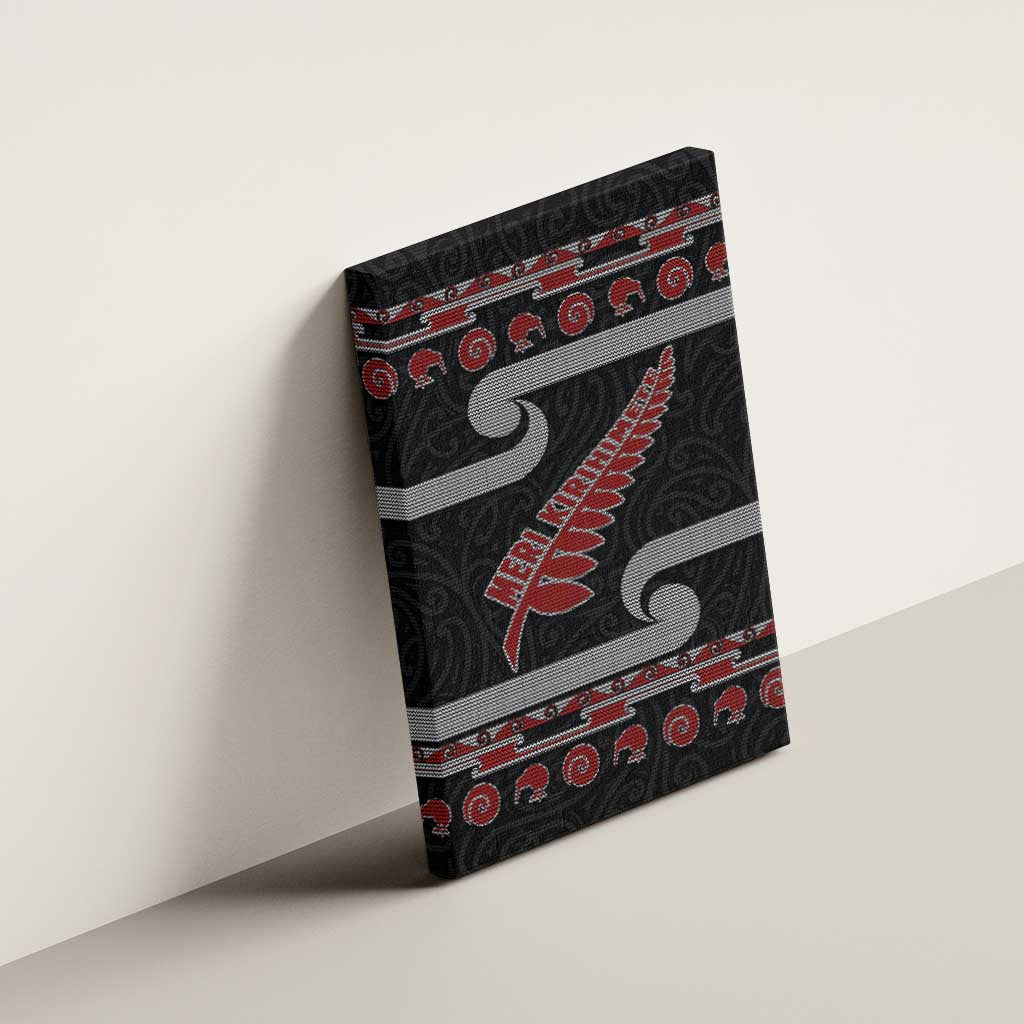 New Zealand Christmas Canvas Wall Art Meri Kirihimete Silver Fern Knit Style Red Color - Polynesian Pride