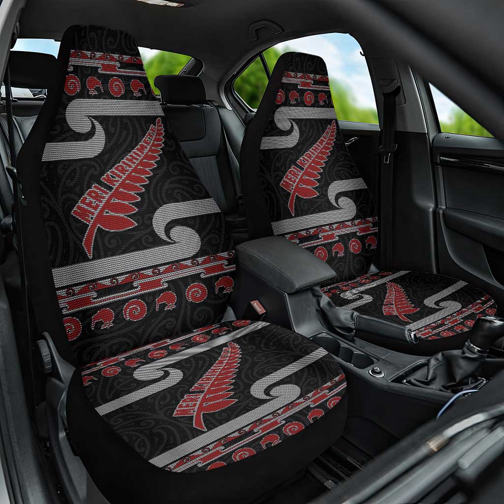 New Zealand Christmas Car Seat Cover Meri Kirihimete Silver Fern Knit Style Red Color LT03 One Size Red - Polynesian Pride