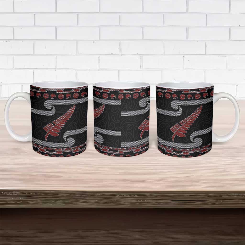 New Zealand Christmas Ceramic Mug Meri Kirihimete Silver Fern Knit Style Red Color - Polynesian Pride