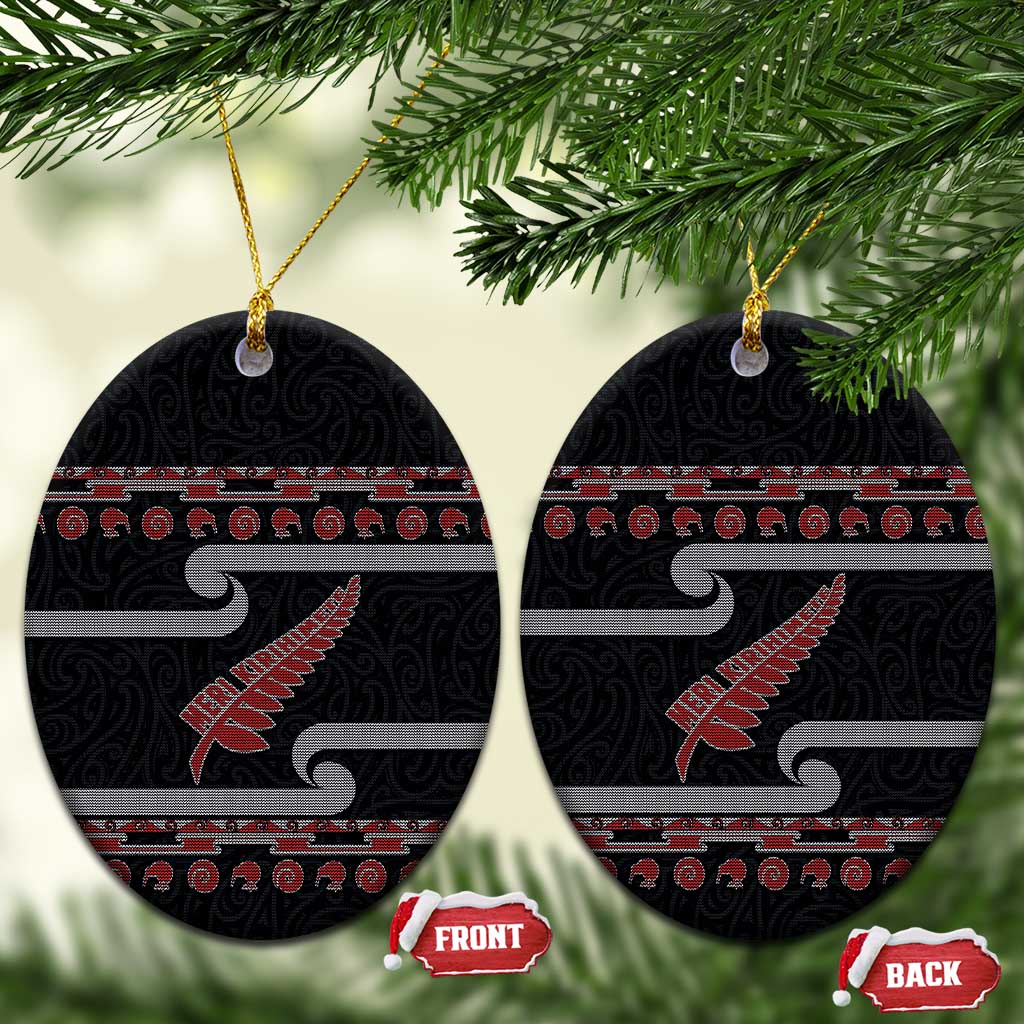New Zealand Christmas Ceramic Ornament Meri Kirihimete Silver Fern Knit Style Red Color - Polynesian Pride