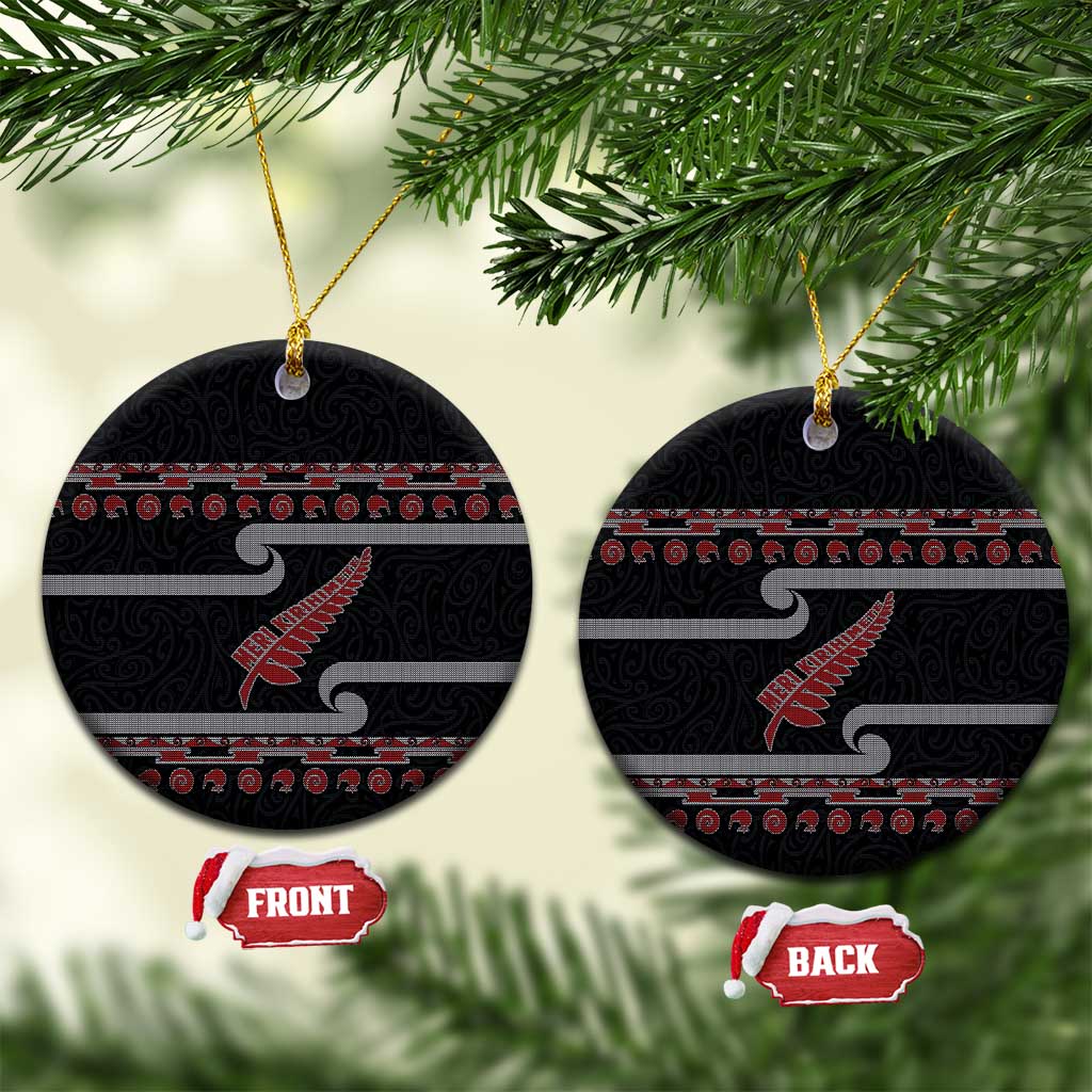 New Zealand Christmas Ceramic Ornament Meri Kirihimete Silver Fern Knit Style Red Color - Polynesian Pride