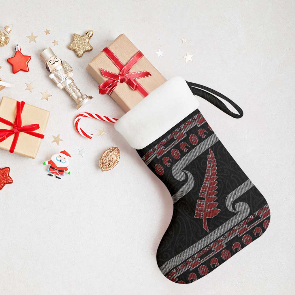 New Zealand Christmas Stocking Meri Kirihimete Silver Fern Knit Style Red Color - Polynesian Pride