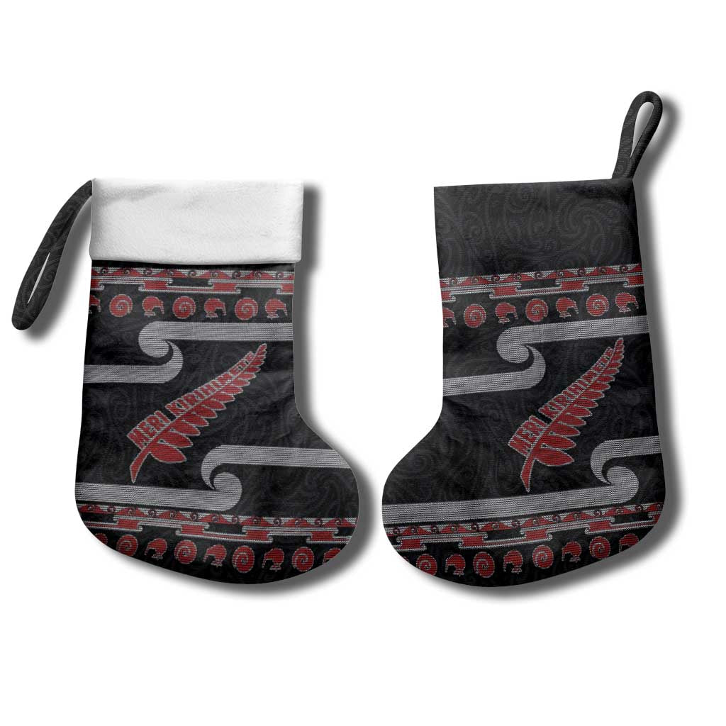 New Zealand Christmas Stocking Meri Kirihimete Silver Fern Knit Style Red Color - Polynesian Pride