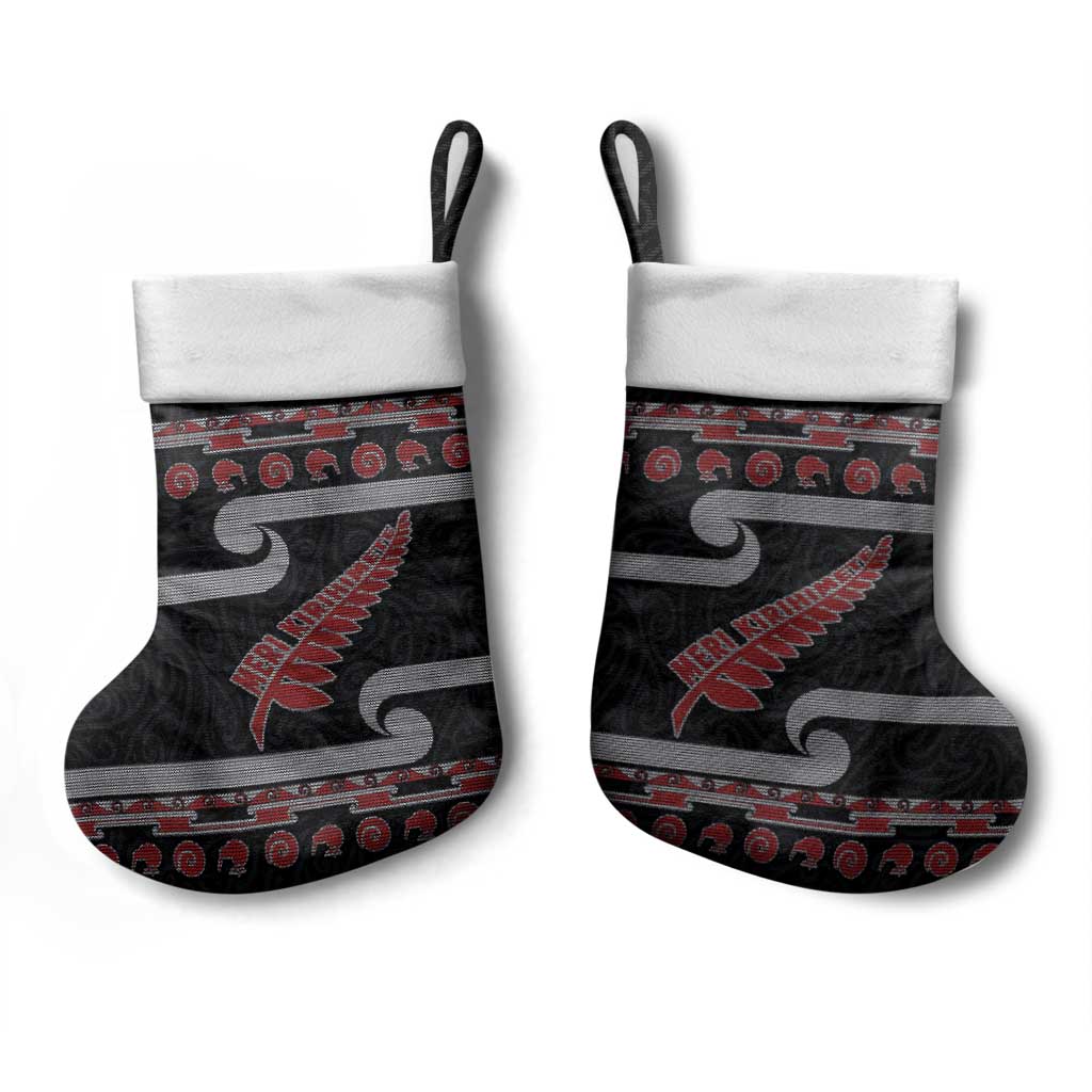 New Zealand Christmas Stocking Meri Kirihimete Silver Fern Knit Style Red Color - Polynesian Pride
