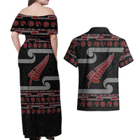New Zealand Christmas Couples Matching Off Shoulder Maxi Dress and Hawaiian Shirt Meri Kirihimete Silver Fern Knit Style Red Color LT03 - Polynesian Pride