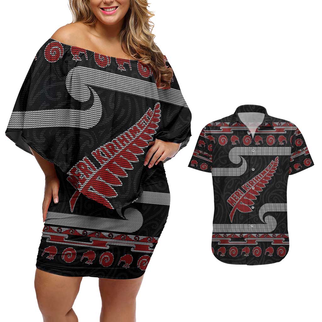 New Zealand Christmas Couples Matching Off Shoulder Short Dress and Hawaiian Shirt Meri Kirihimete Silver Fern Knit Style Red Color LT03 Red - Polynesian Pride