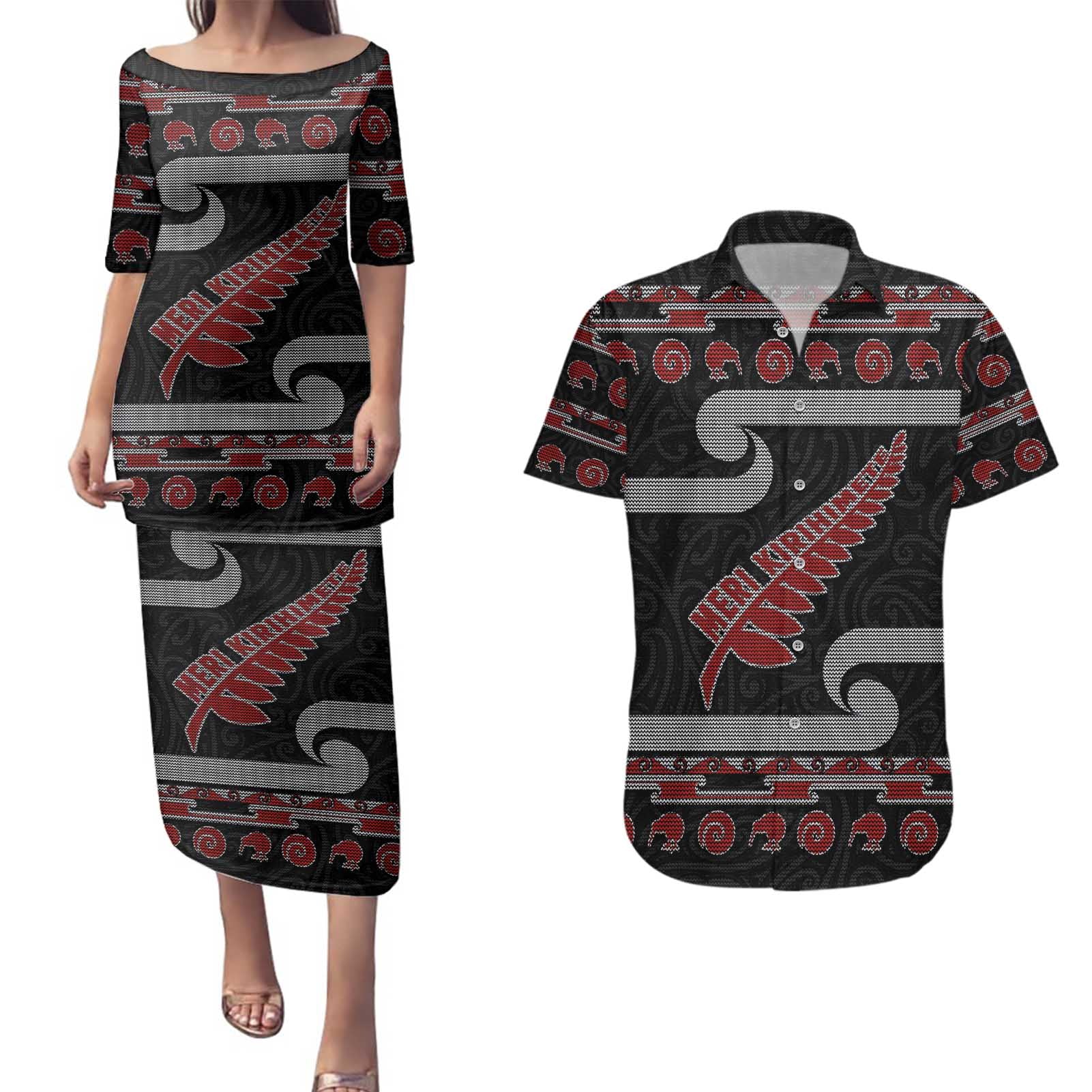 New Zealand Christmas Couples Matching Puletasi and Hawaiian Shirt Meri Kirihimete Silver Fern Knit Style Red Color - Polynesian Pride