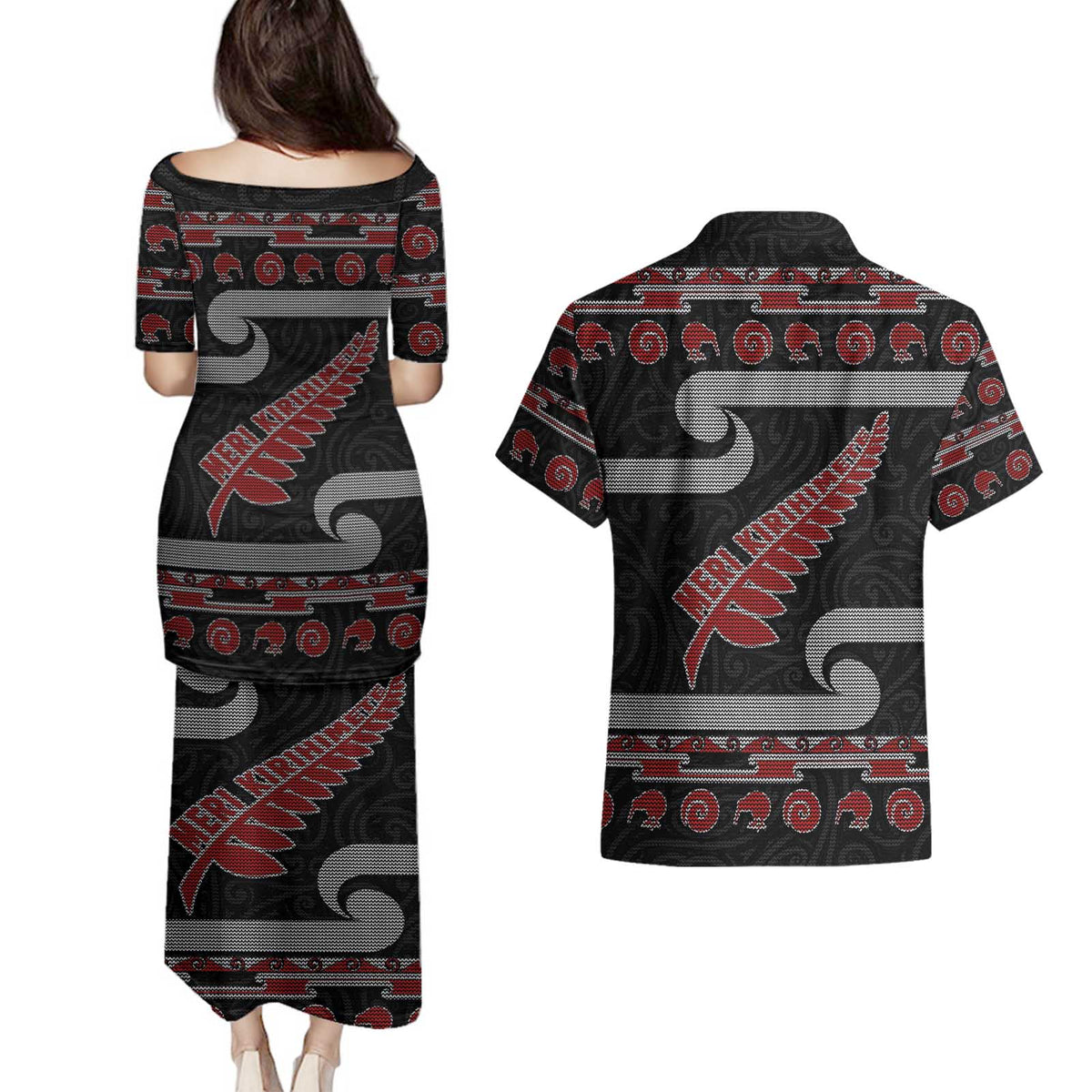 New Zealand Christmas Couples Matching Puletasi and Hawaiian Shirt Meri Kirihimete Silver Fern Knit Style Red Color - Polynesian Pride