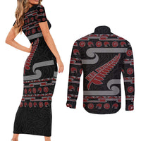 New Zealand Christmas Couples Matching Short Sleeve Bodycon Dress and Long Sleeve Button Shirt Meri Kirihimete Silver Fern Knit Style Red Color - Polynesian Pride