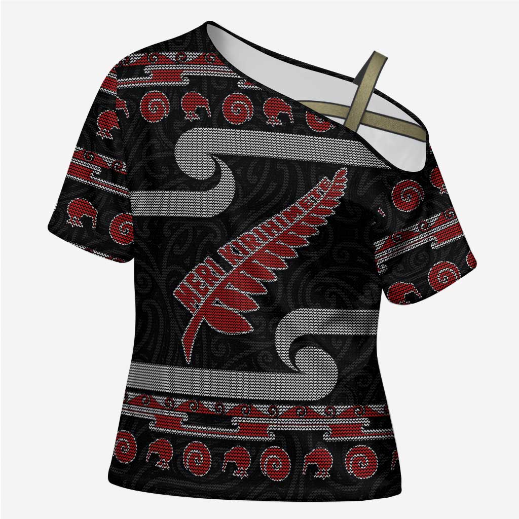 New Zealand Christmas Cross Shoulder Shirt Meri Kirihimete Silver Fern Knit Style Red Color - Polynesian Pride