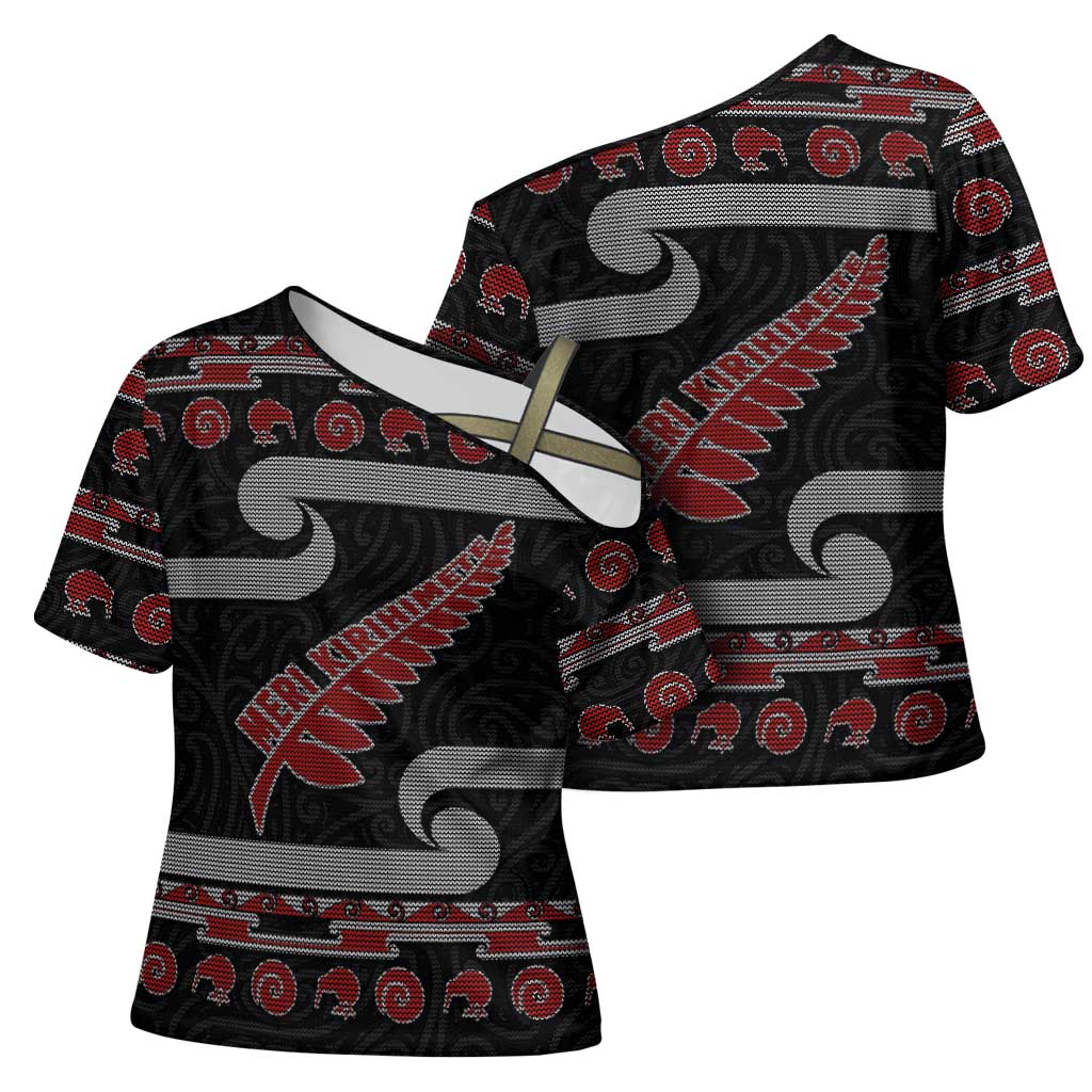 New Zealand Christmas Cross Shoulder Shirt Meri Kirihimete Silver Fern Knit Style Red Color - Polynesian Pride
