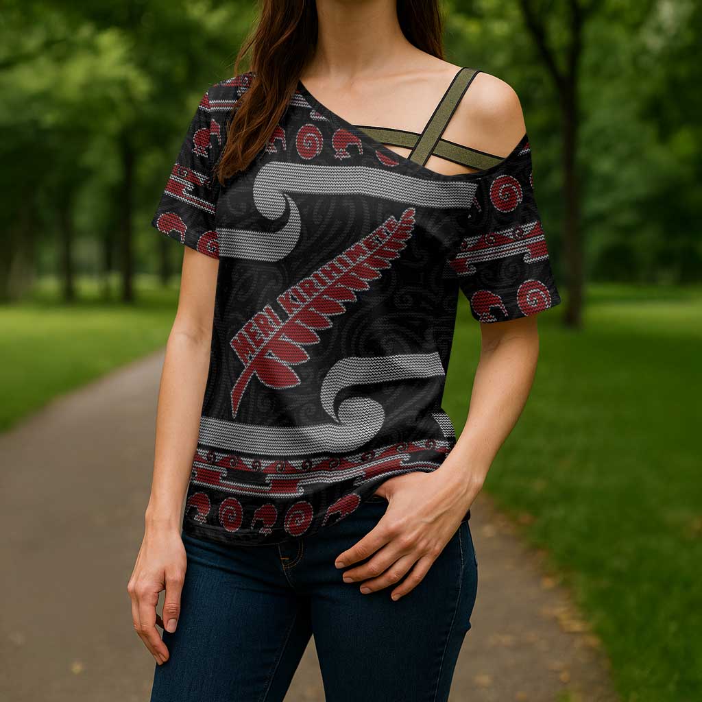 New Zealand Christmas Cross Shoulder Shirt Meri Kirihimete Silver Fern Knit Style Red Color - Polynesian Pride