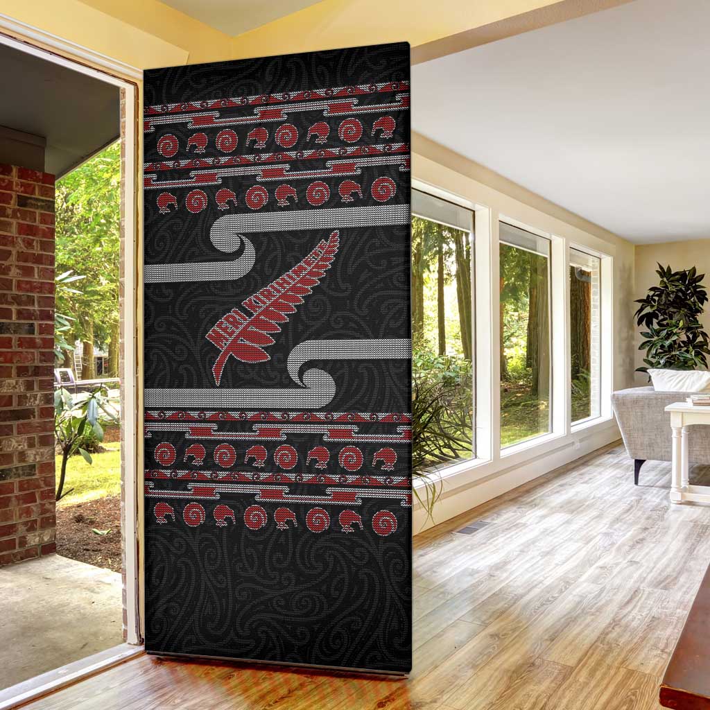 New Zealand Christmas Door Cover Meri Kirihimete Silver Fern Knit Style Red Color LT03 - Polynesian Pride