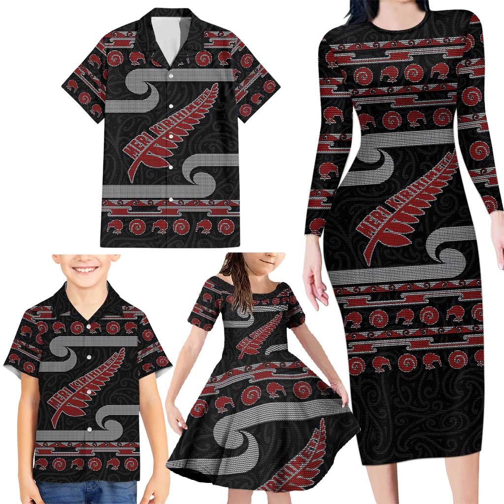 New Zealand Christmas Family Matching Long Sleeve Bodycon Dress and Hawaiian Shirt Meri Kirihimete Silver Fern Knit Style Red Color LT03 - Polynesian Pride