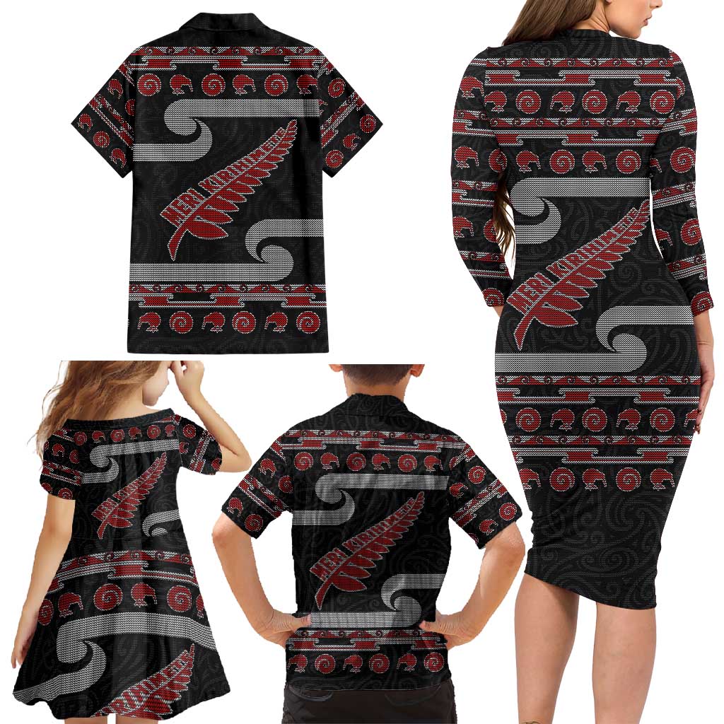 New Zealand Christmas Family Matching Long Sleeve Bodycon Dress and Hawaiian Shirt Meri Kirihimete Silver Fern Knit Style Red Color LT03 - Polynesian Pride
