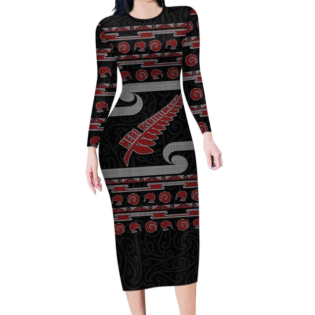 New Zealand Christmas Family Matching Long Sleeve Bodycon Dress and Hawaiian Shirt Meri Kirihimete Silver Fern Knit Style Red Color LT03 Mom's Dress Red - Polynesian Pride
